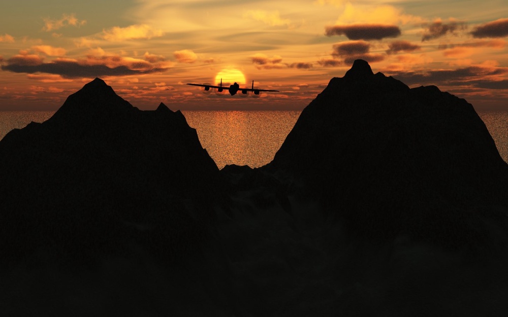 3D Grafik Flugzeug Berge Sonnenuntergang