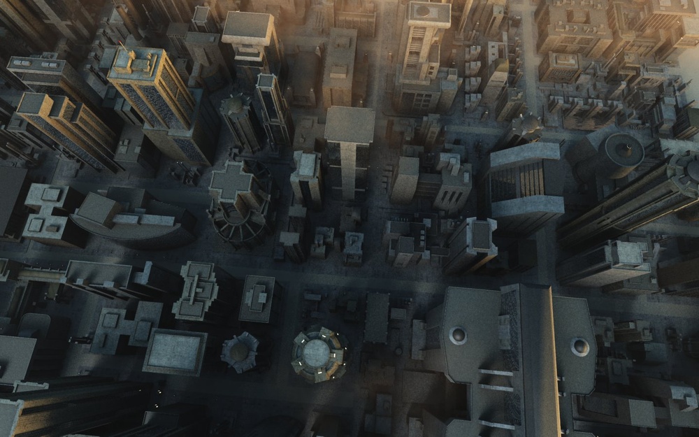 3D Grafik Großstadt Wolkenkratzer Luftaufnahme Grau