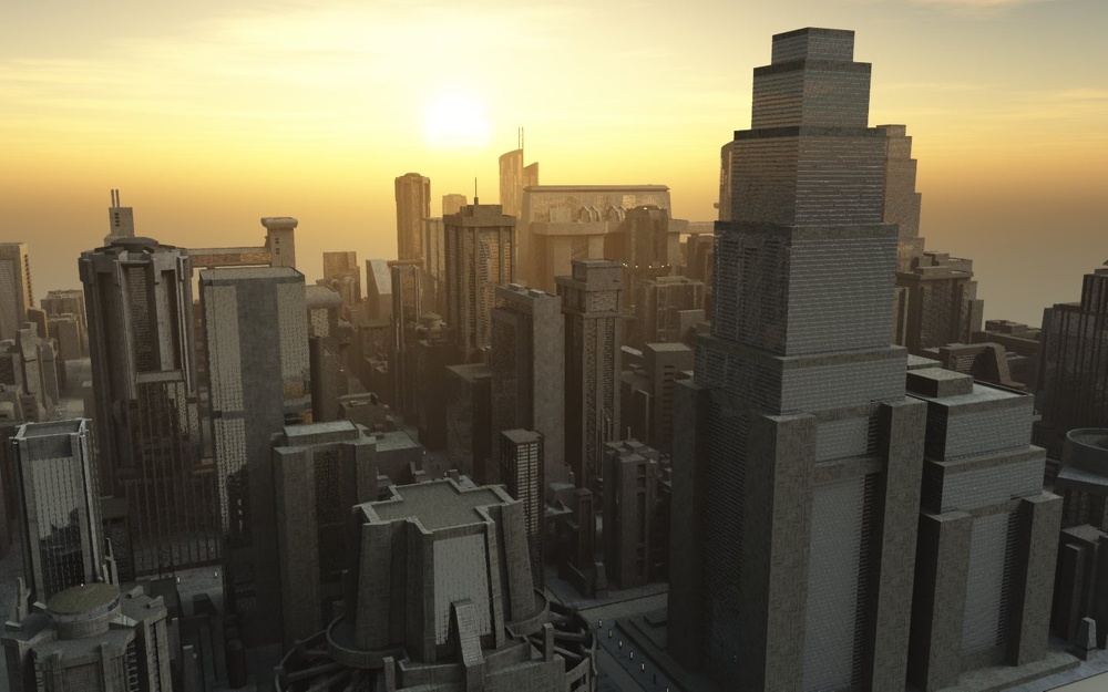 3D Grafik Großstadt Wolkenkratzer Gegenlicht