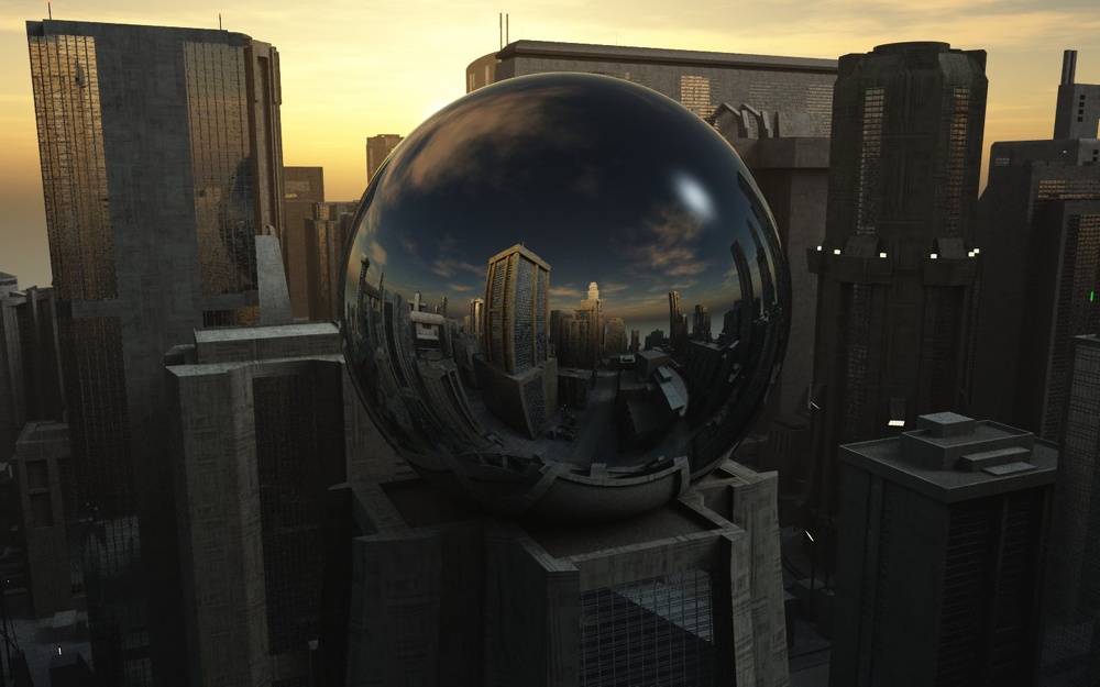 3D Grafik Reflektierende Kugel Wolkenkratzer Großstadt