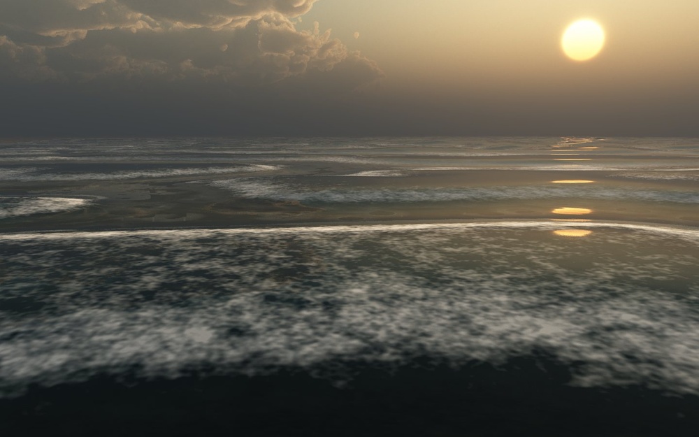 3D Grafik Meer Brandung Schaumkronen Sonnenuntergang
