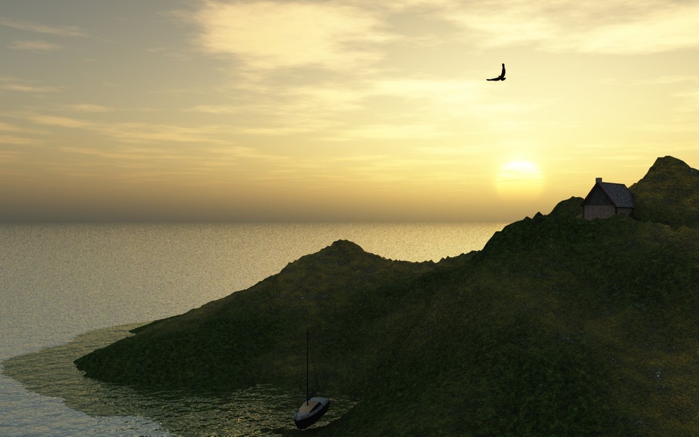 3D Grafik Sonnenuntergang Insel Bucht Boot