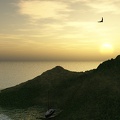 3D Grafik Sonnenuntergang Insel Bucht Boot