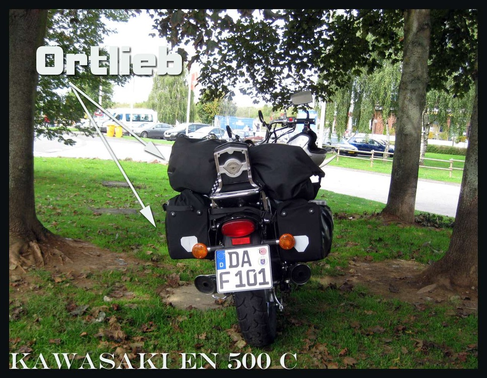 Kawasaki EN 500 mit Ortlieb Gepäckrolle